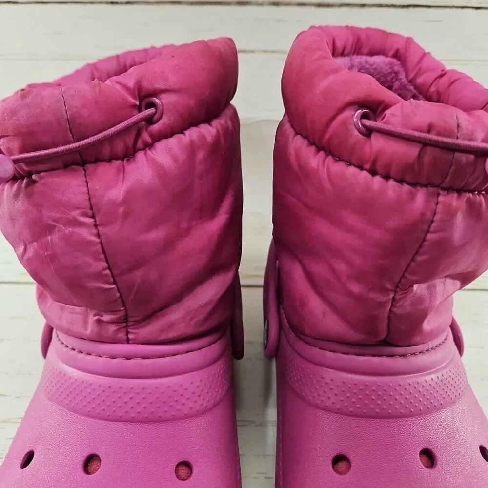 Crocs Neo Puff Boots Pink Youth Size J5 Classic Faux Fur‎ Fleece Lined 207940